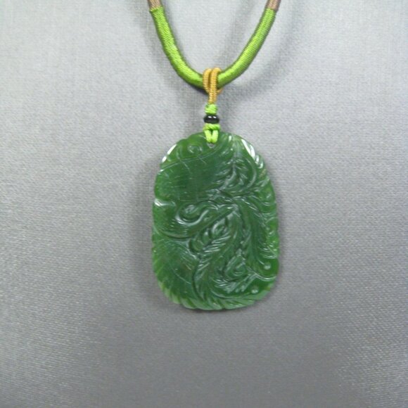 Carved Jade Stone Pendant Dragon Phoenix Adjustable Cord Necklace 15 inch Leaf - Picture 7 of 11